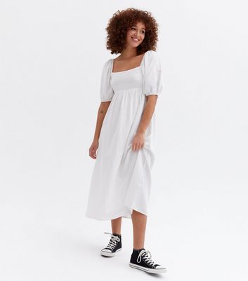 White Linen-Look Puff Sleeve Midi Dress ...